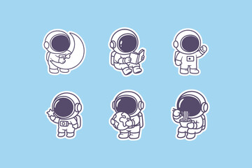Cute doodle astronauts performing various daily activities like reading books eating noodles and playing with the moon and earth planets © DzgnVibe