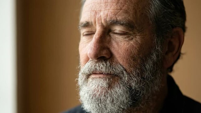 Close-up portrait of elderly man with closed eyes, detailed skin texture, deep forehead lines, crow's feet, dense grey beard, and calm thoughtful expression under soft side light, with man, elderly