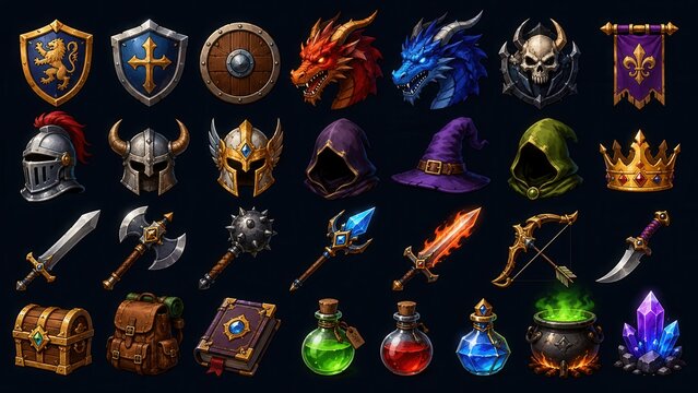 Fantasy game asset icon collection with medieval weapons armor potions dragons shields and magical items