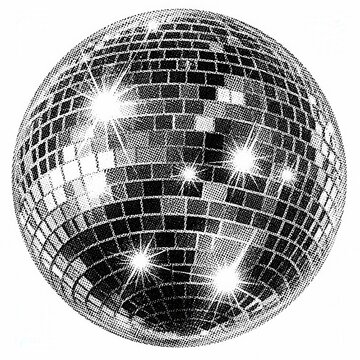 Disco mirror ball engraving sketch illustration with sparkling reflections isolated on white background