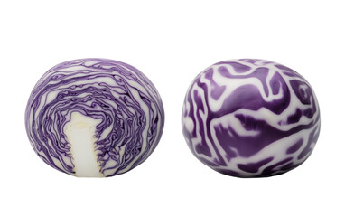 Fototapeta premium Two red cabbage heads isolated on white background, one showing cross section view with internal layers and another showing whole exterior
