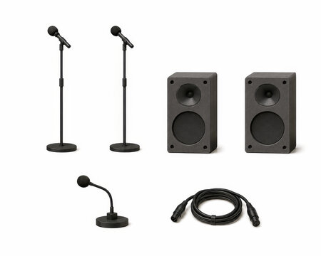 Audio equipment set with microphone stand speaker and cable on white background