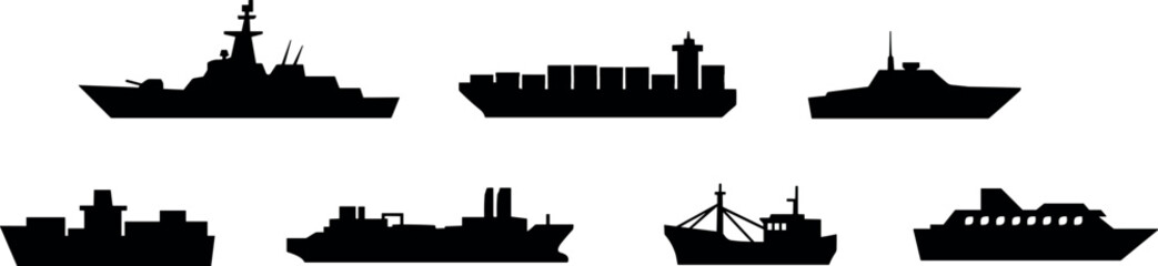 Modern ship silhouettes including cargo, military, and industrial vessels collection © MDRIMON