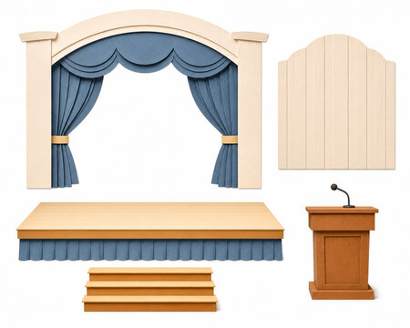 Auditorium stage and wooden speaker podium design elements set isolated on white