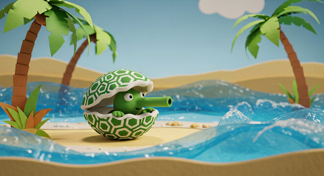 Cute Papercraft Turtle Tank on Tropical Island