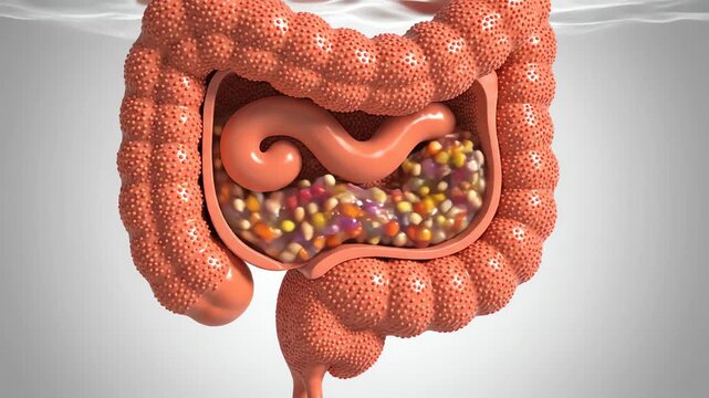 The human large intestine with food particles inside is shown upscaled