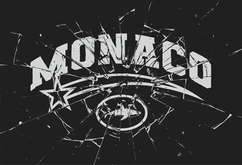 Edgy streetwear t-shirt design featuring the word "MONACO" in bold collegiate font, a shark silhouette inside an oval frame, and a shooting star motif, all covered in a heavy shattered broken. © endroldesign