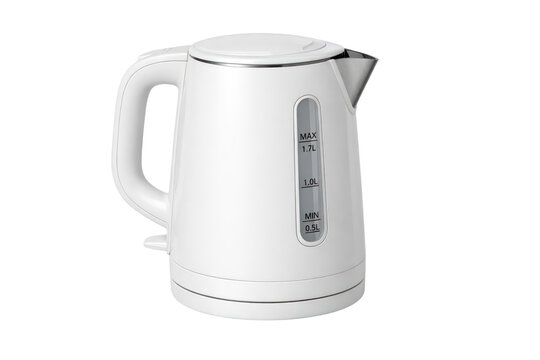 Modern electric kettle, white plastic hot water boiler with level gauge, kitchen appliance for tea isolated PNG with Transparent Background