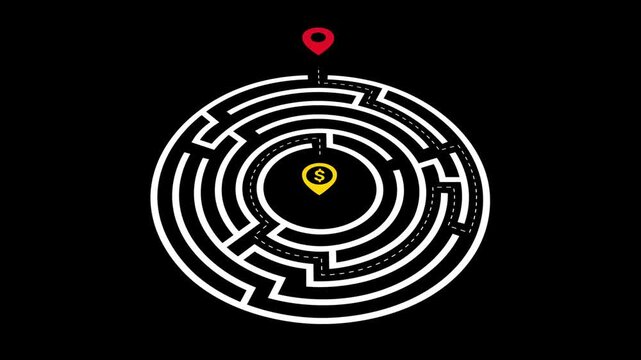 Circular maze animation with a dashed line indicating the path to success, black background, 4K video.