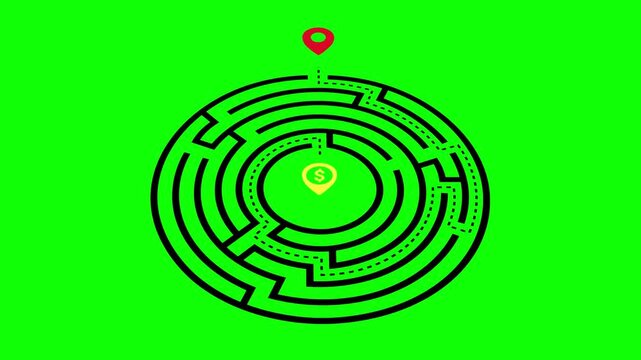 Circular maze animation featuring two distinct location symbols and a winning dollar point at the center, set against a green background; 4K video.