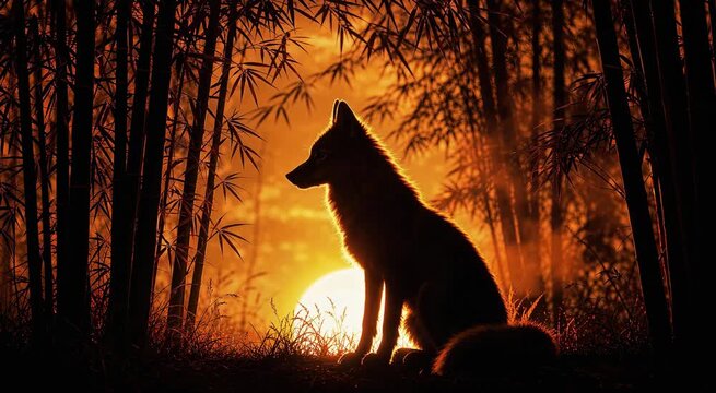 Silhouette of wolf sitting in bamboo forest at fiery sunset
