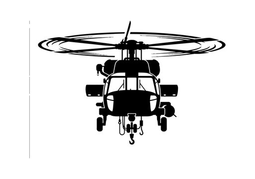 Black silhouette icon of a military transport helicopter viewed from the front with spinning rotor blades isolated on transparent background, Vector