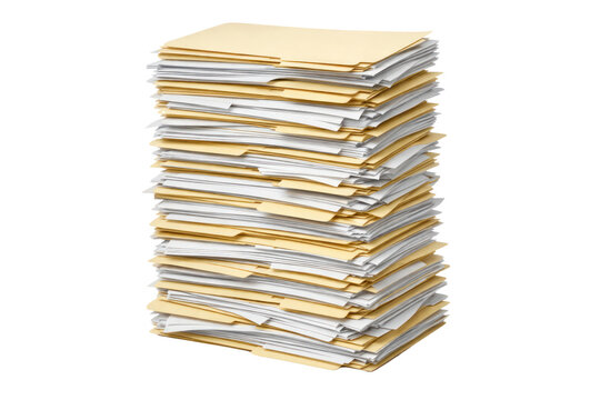 Stacked paper files with yellow tabs, office document archive pile, admin paperwork storage concept isolated PNG with Transparent Background