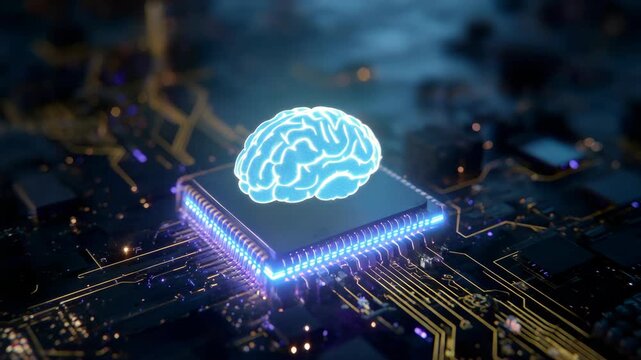 Closeup of a microchip on circuit board with glowing blue dots representing neural network activity and synapses.