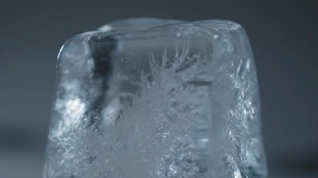 Extreme close-up of a large block of clear ice, highlighting complex internal crystalline structures, fractures, and frost formation inside the frozen water cube.
