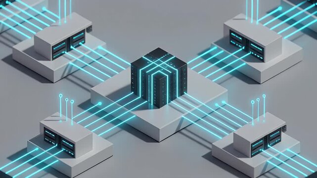 Futuristic Digital Network Infrastructure with Central Processing Unit and Interconnected Server Clusters in Isometric 3D