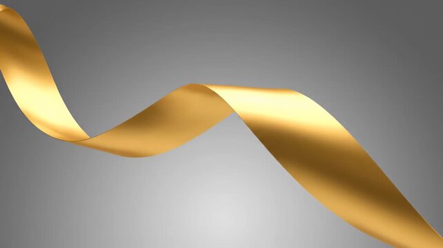 Luxurious Flowing Gold 3D Ribbon Banner Graphic Element on a Neutral Gray Background. Abstract Metallic Golden Streamer Design for Award Ceremonies, Celebrations, and Branding.
