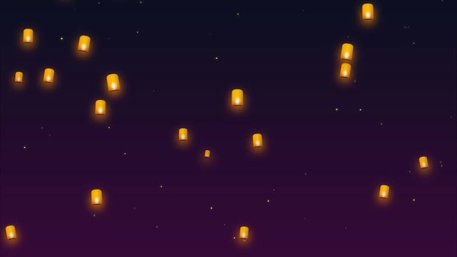 Glowing sky lanterns rising in the night sky for Happy birthday celebration Magical cinematic animation Loopable background for greeting card and festive events