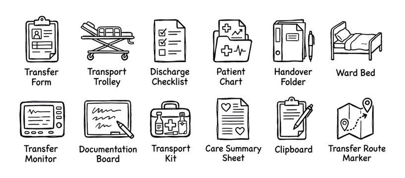 Set of hand-drawn medical icons for patient transfer and hospital care, including a trolley, ward bed, patient chart, and discharge checklist in a simple doodle line art style