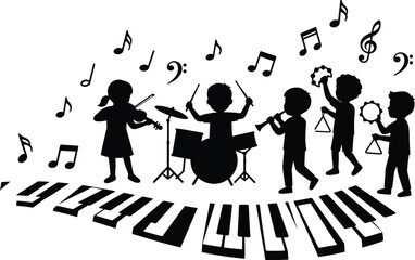 Vector Silhouette of Happy Children Playing Musical Instruments with Piano Keyboard and Notes © MD JAHID