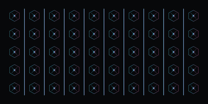 Abstract futuristic tech background with neon glowing hexagons and geometric lines