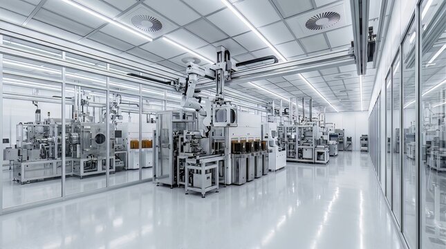 Automated robotic manufacturing systems inside a modern high tech semiconductor cleanroom facility