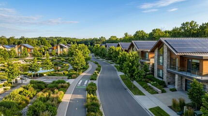 Fototapeta premium Modern sustainable residential community featuring solar panel roofs with eco friendly residential