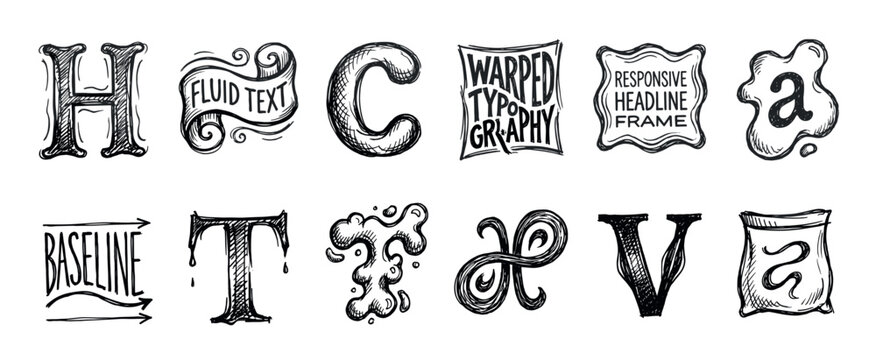 Hand-drawn typography elements and letters collection in a black ink sketch style, showcasing various creative font designs and graphic concepts for lettering and calligraphy