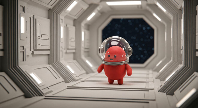 Cute Red Astronaut Character in Spaceship Corridor