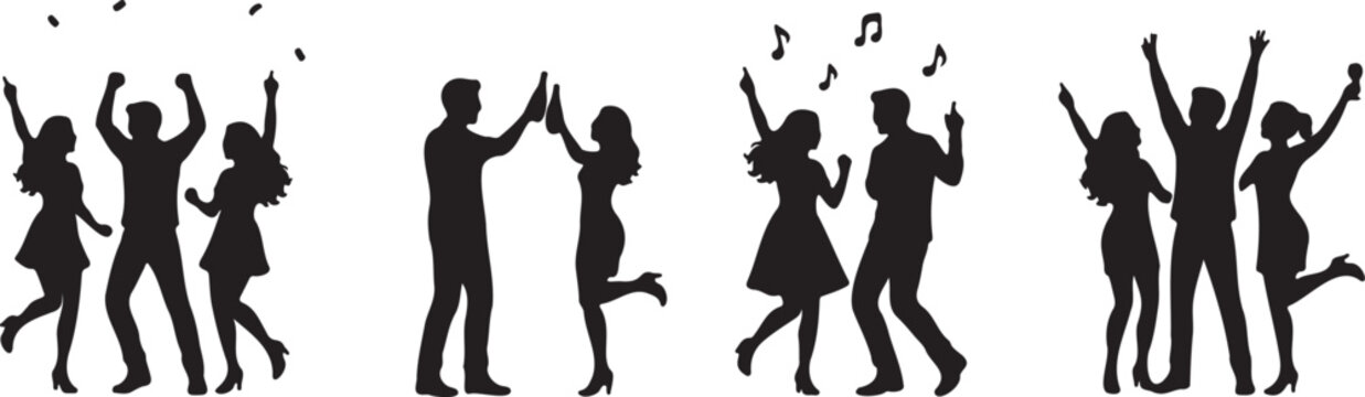party people silhouette collection dancing celebration music festival crowd icons isolated vector illustration