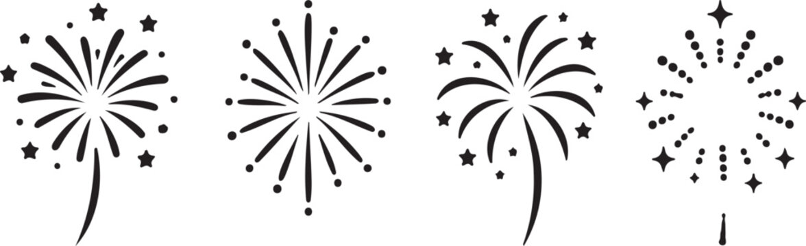 fireworks silhouette collection festive celebration explosion holiday event icons isolated black vector illustration
