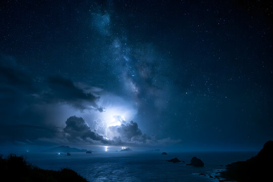 星と雷の幻想的な島風景