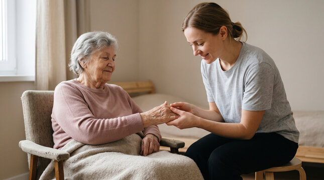 Close-up of a caregiver gently holding the hand of an elderly patient, supportive medical care, empathy and retirement assistance