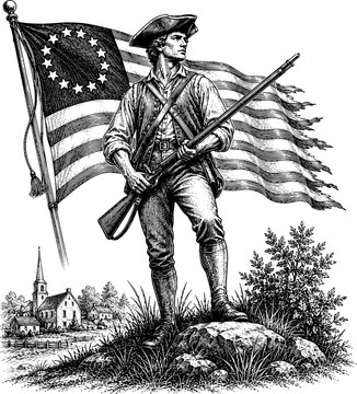 American Independence 250th Anniversary 1776&ndash;2026 with Liberty Bell, Patriot and Capitol, Hand Drawn Black and White Engraving Illustration