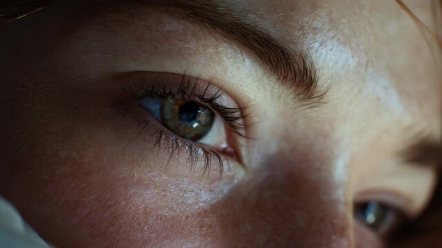 A detailed shot of an individual's human eye, showcasing its features and colors.