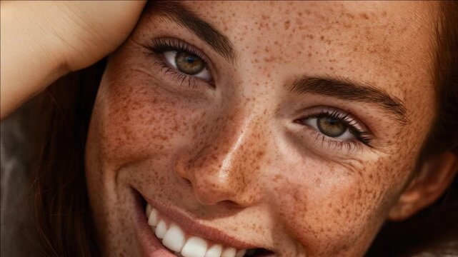 Beautiful young lady with rosy cheeks and cheerful expression looking directly at viewer. Close-up shot showcasing sparkling eyes, dimples, and radiant skin.