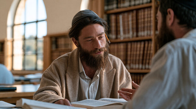 Jewish seminary student in Jerusalem study hall surrounded by towering bookshelves of Talmud volumes, pencil tucked behind ear, chevruta partner gesturing across the table, late