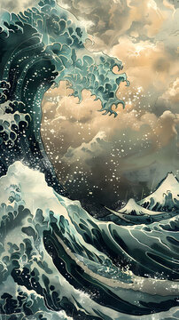 Highly detailed traditional ukiyo-e style black and white wave illustration featuring a massive ocean wave with intricate foam crests, a full moon, soaring seabirds, 