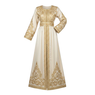 Elegant cream kaftan with gold embroidery isolated on transparent background