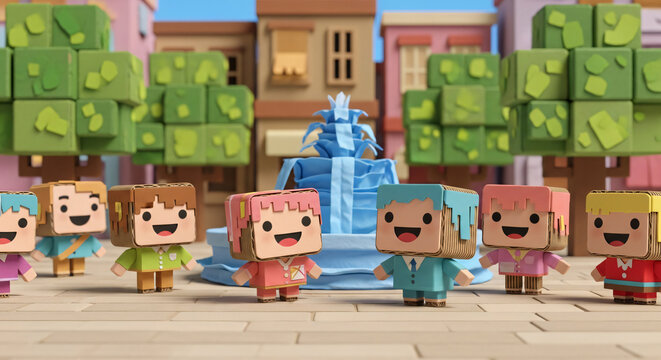 Cardboard Block People in Paper Town Square