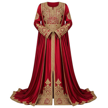 Elegant red kaftan with gold embroidery isolated on transparent background