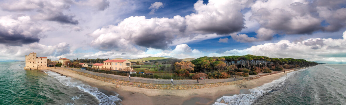 Torre Mozza, Tuscany, Italy. Aerial panoramic view in autumn after a storm