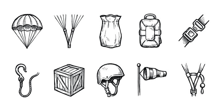 Set of hand-drawn skydiving equipment icons including a parachute, helmet, crate, windsock, and harness in a black and white sketch doodle illustration style