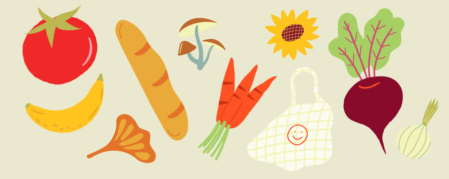 Vegetables, Bread, Fruits. Farmer's Market Produce. Vector Illustration. 