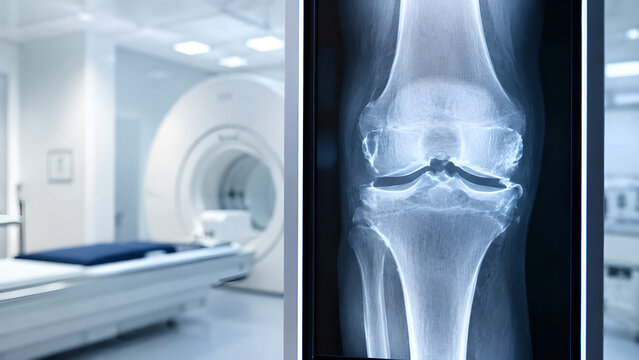 Knee osteoarthritis radiology concept showing X-ray knee joint with marginal osteophytes, degenerative bone changes, clinical imaging display in hospital for medical education and patient care visuals