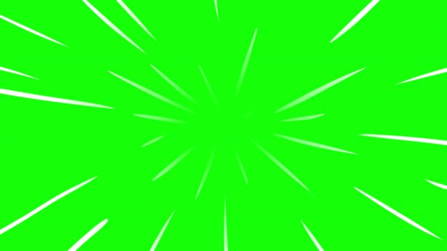 Dynamic radial speed lines bursting from center on green screen background, chroma key flash or zoom impact effect for video production. Seamless loop 2d animation fast wind or energy in cartoon anime