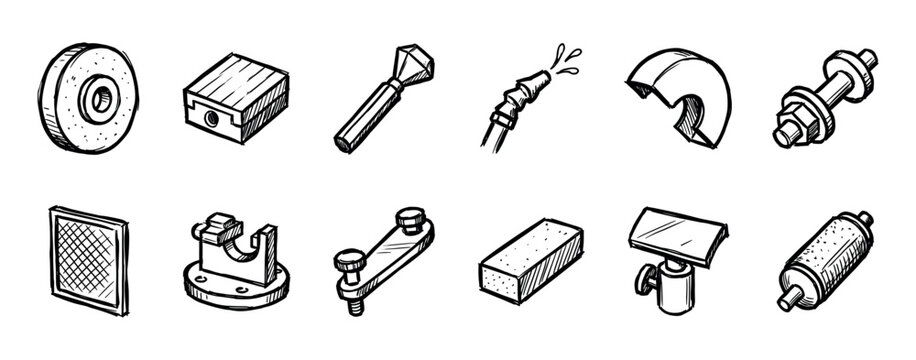 Collection of hand-drawn industrial parts and tools in a black and white sketch style, featuring a grinding wheel, filter, nozzle, bolt, and other mechanical components for engineering