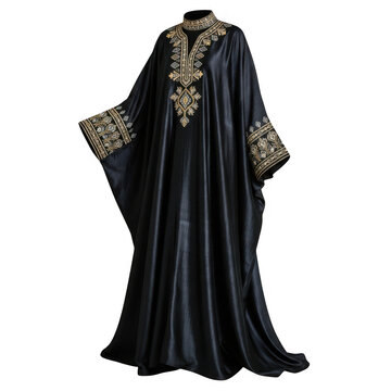 Elegant black kaftan with gold embroidery, isolated on transparent background