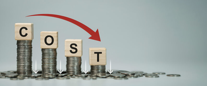 Stacked coins with letter blocks spelling COST and a downward arrow indicating reduction