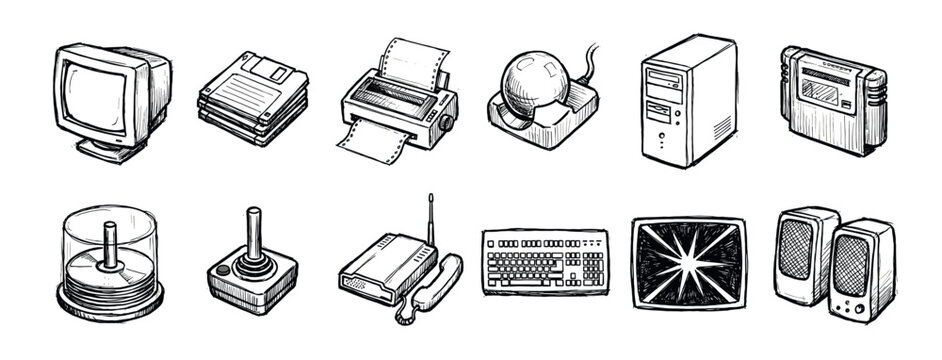 Collection of hand-drawn vintage computer hardware including a monitor, printer, keyboard, and floppy disks in a black and white sketch style for retro technology concepts
